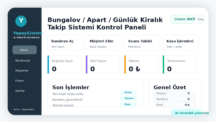 Bungalov / Apart / Günlük Kiralık Takip Sistemi Kontrol Paneli