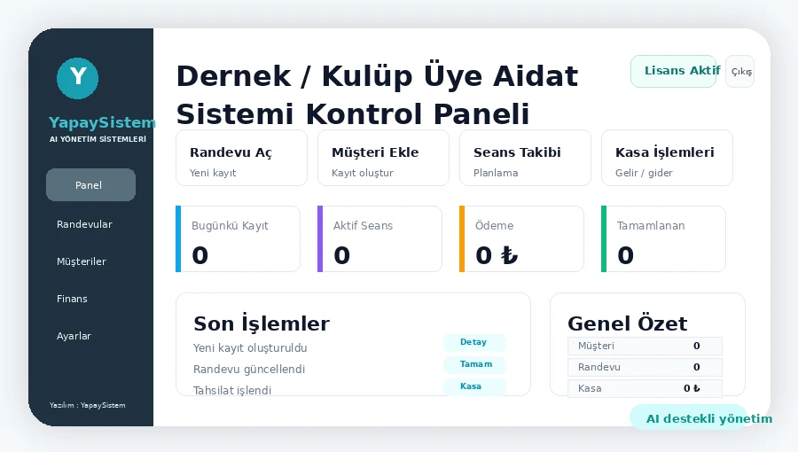Dernek / Kulüp Üye Aidat Sistemi Kontrol Paneli
