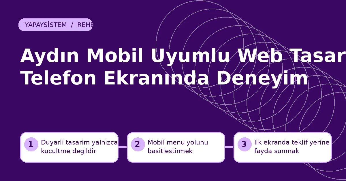 Aydın Mobil Uyumlu Web Tasarım: Telefon Ekranında Deneyim Aydın mobil uyumlu web tasarım için duyarlı tasarım yalnızca küçültme değildir, mobil menü yolunu basitleştirmek ve i̇lk ekranda teklif yerine fayda sunmak adımlarını gösteren şema