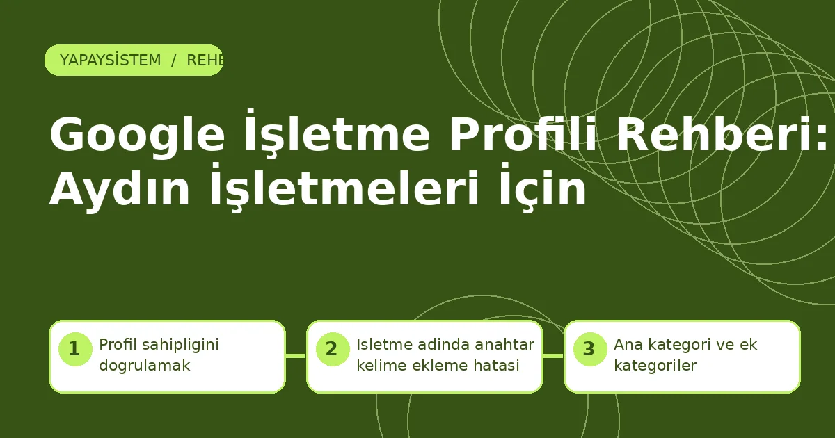 Google İşletme Profili Rehberi: Aydın İşletmeleri İçin Google İşletme Profili Aydın için profil sahipliğini doğrulamak, i̇şletme adında anahtar kelime ekleme hatası ve ana kategori ve ek kategoriler adımlarını gösteren şema